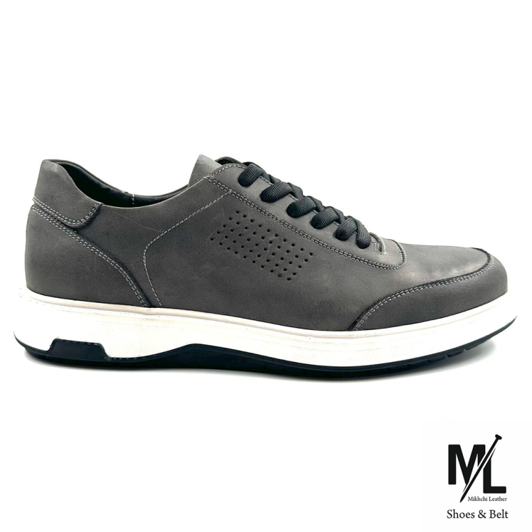 کفش کتانی طبی تمام چرم مردانه | کد:E110 | چرم میخچی | طوسی رنگ | بندی | رویه تمام چرم طبیعی گاوی ارگانیک تبریز