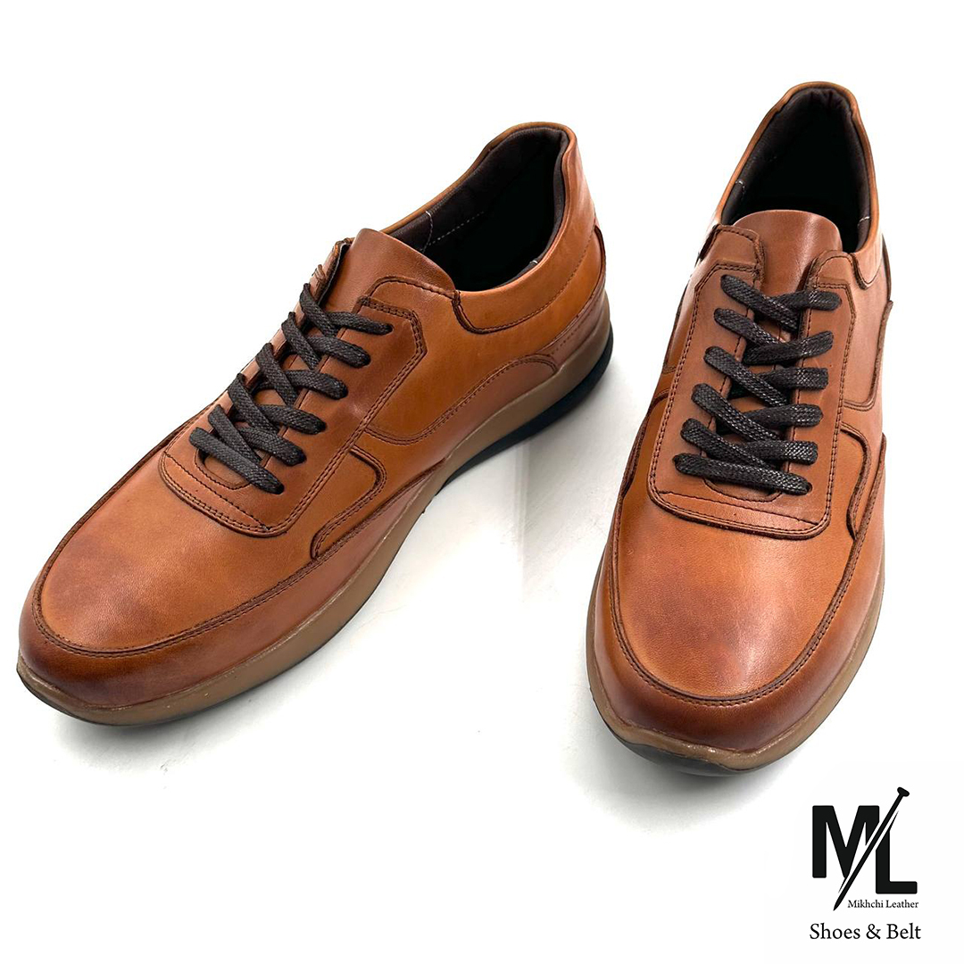  کفش کتانی اسپرت راحتی چرم مردانه | کد:E10 | چرم میخچی | عسلی رنگ | مناسب استفاده طولانی مدت 