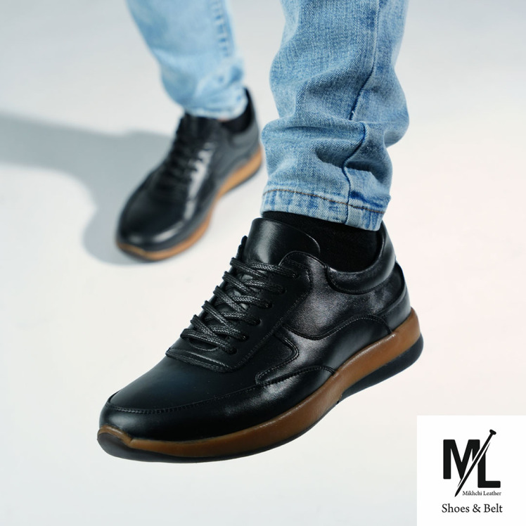 کفش کتانی اسپرت راحتی چرم مردانه | کد:E10 | چرم میخچی | مشکی رنگ | جنس آستر داخلی کفش چرم طبیعی گوسفندی میشن است.